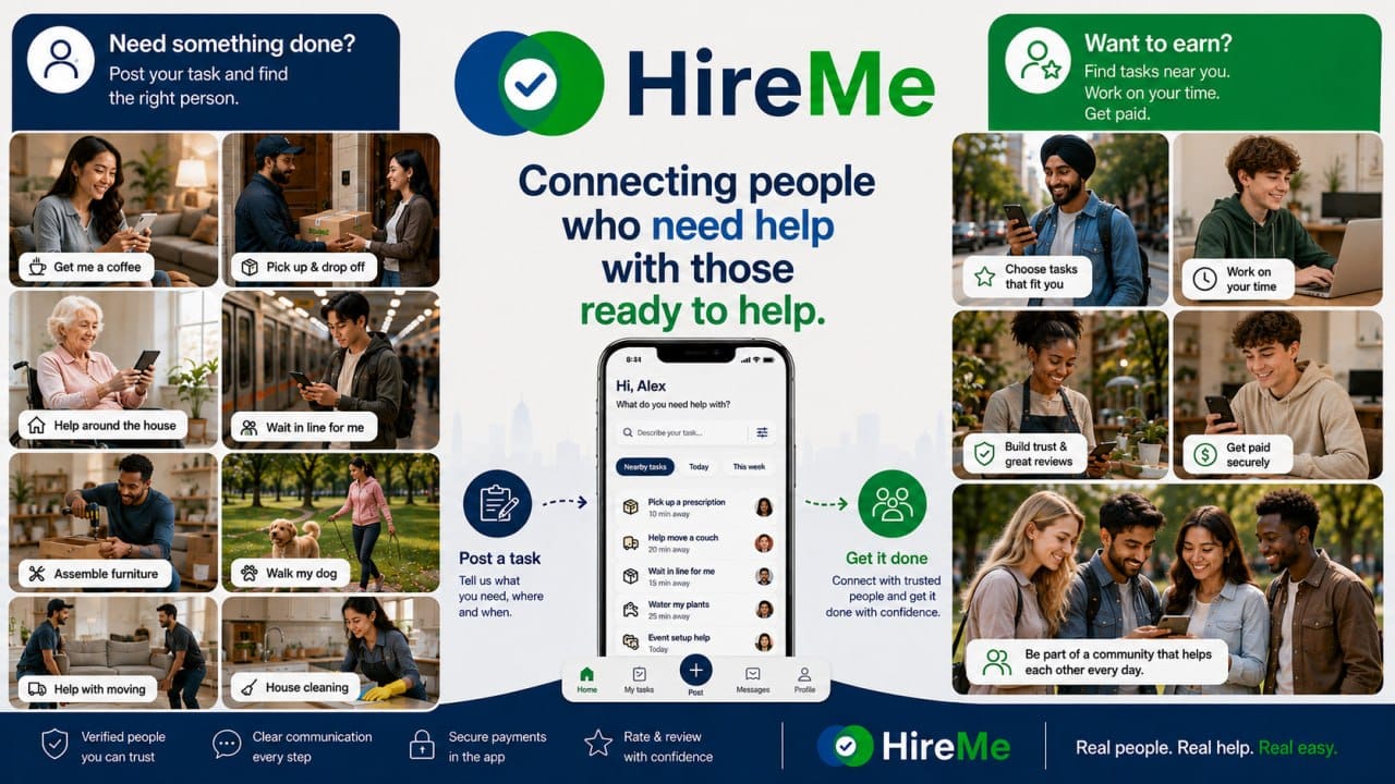 HireMe overview: post a task, get matched with trusted people nearby, and get it done — with verified people, clear communication, secure payments, and reviews