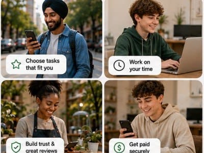 Earning on HireMe: choose tasks that fit you, work on your time, build trust and great reviews, and get paid securely
