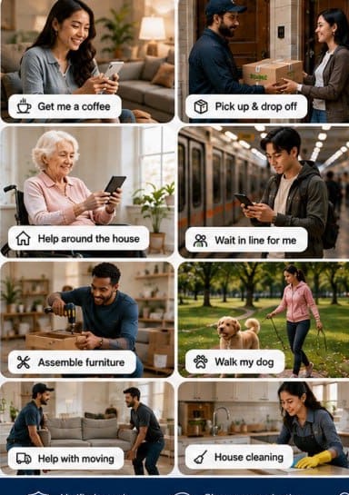 People getting everyday tasks done with HireMe — coffee runs, deliveries, help around the house, dog walking, furniture assembly, moving and cleaning